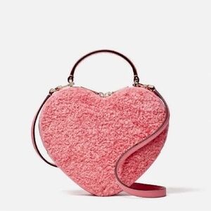 KATE SPADE Love Shack Heart Crossbody Purse Fuzzy Sherpa Faux Fur Pink Leather